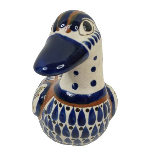 Clay Duck Figurine Mexico Art Pottery 5.5" Blue White - Picture 4 of 5